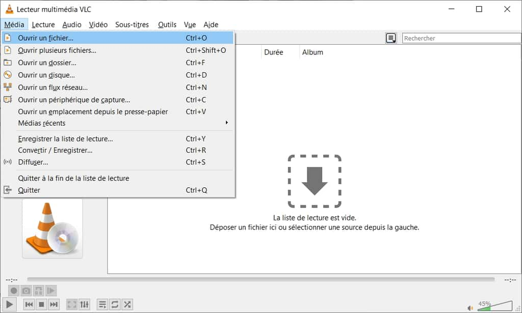 Ouverture d’un fichier depuis le menu « Média ». © VLC Media Player