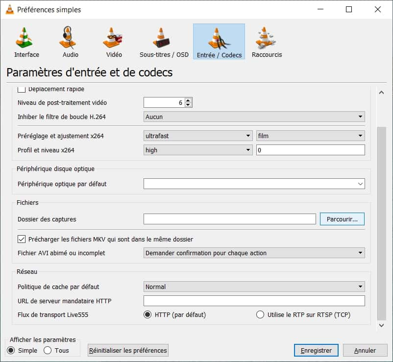 Menu « Préférences », onglet « Entrées/Codecs ». © VLC Media Player