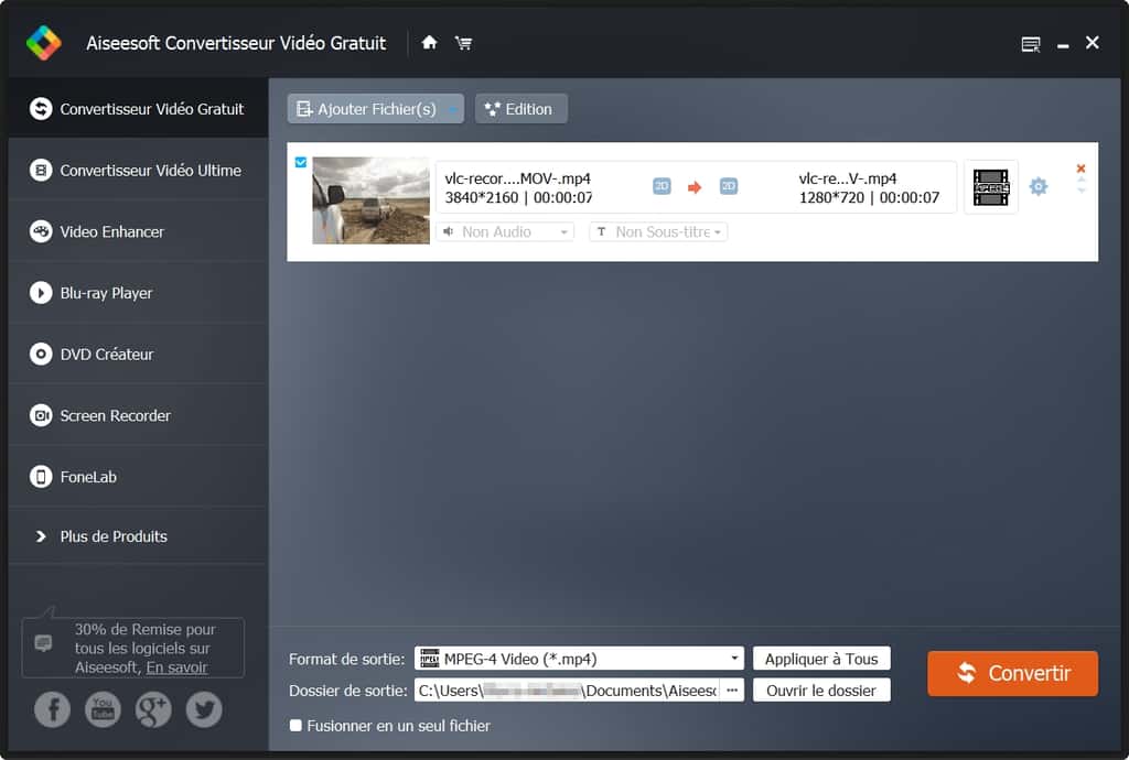 Convertisseur Vidéo Gratuit offre une interface assez simple et de nombreux profils préenregistrés © Aiseesoft Studio