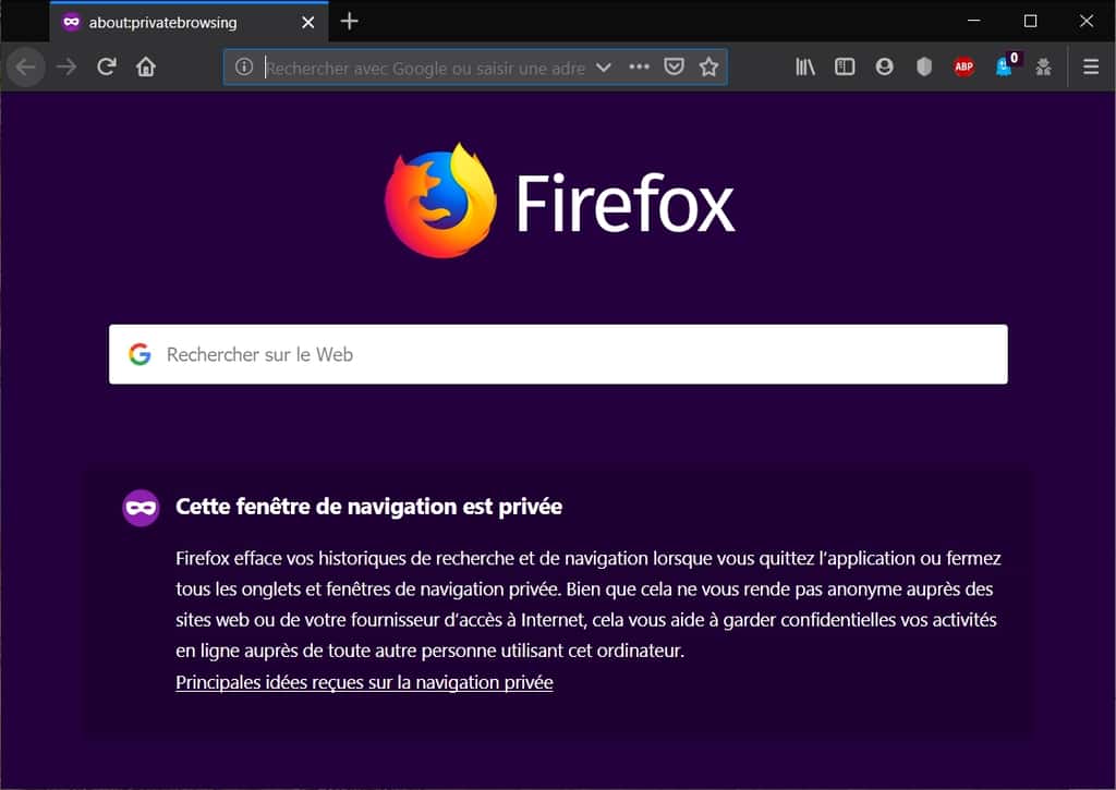 Page d’accueil de la fenêtre du navigateur en mode navigation privée. © Mozilla Firefox