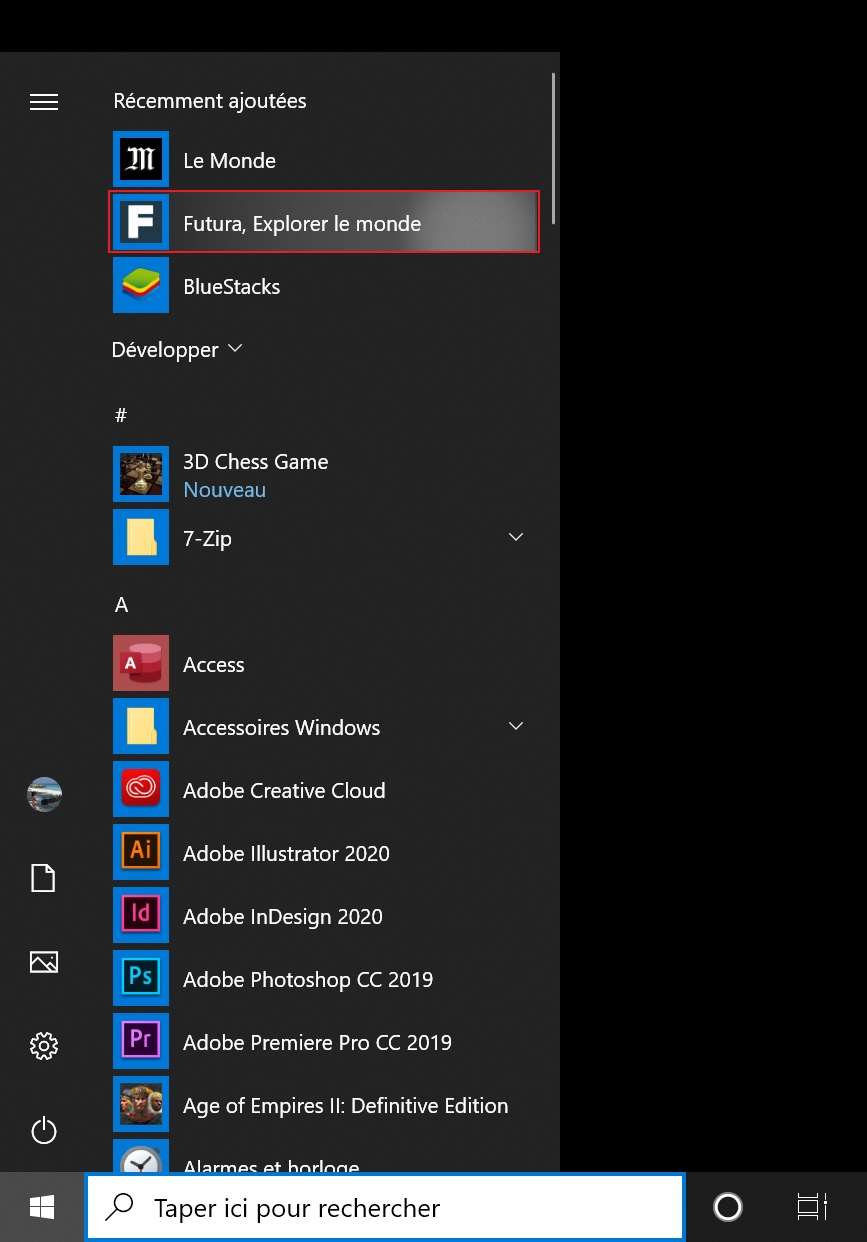 Les sites installés sous forme d’application s’affichent directement dans le menu « Démarrer » de Windows 10. © Microsoft