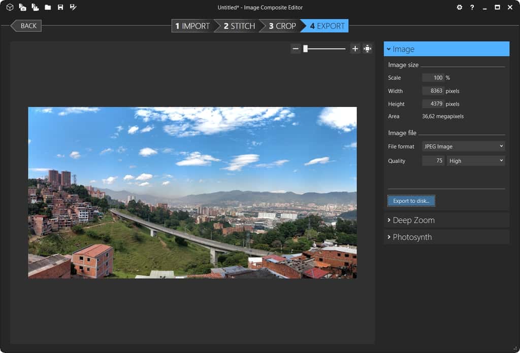 Écran d’exportation du panorama. © Image Composite Editor