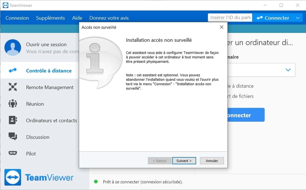 Home software and configuration window for not monitored access. © TeamViewer GmbH