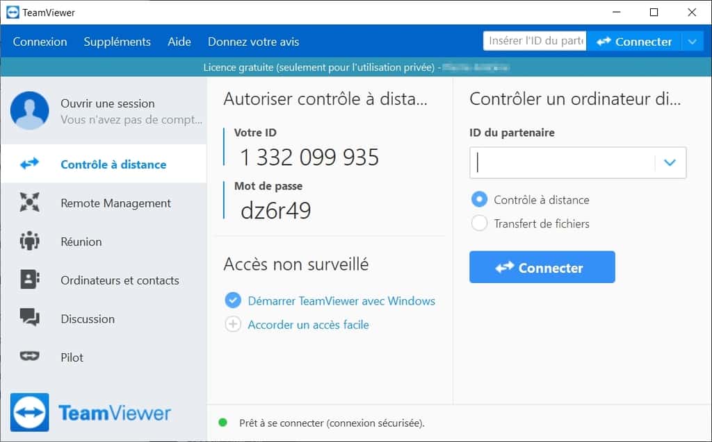 Accueil du logiciel, la page « Contrôle à distance » affiche l’ID et le mot de passe d’accès à l’ordinateur. © TeamViewer GmbH