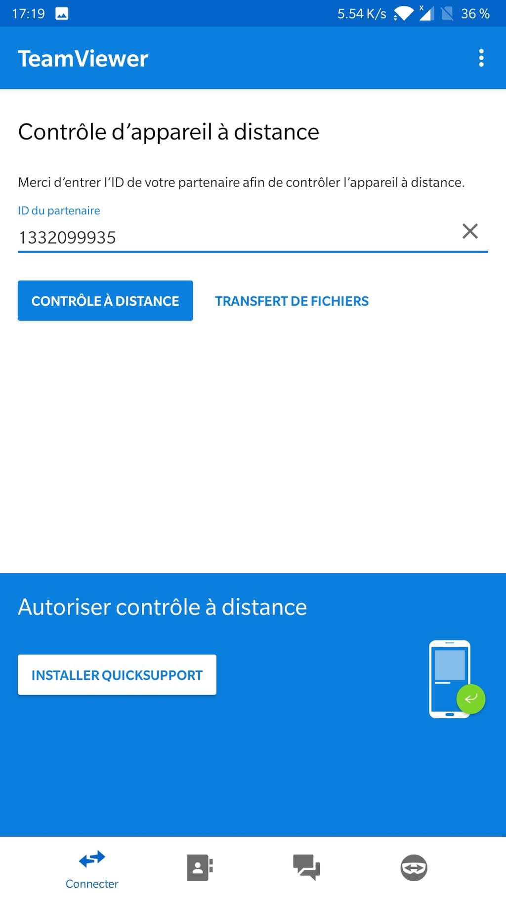 Home of the mobile application, the ID obtained on the computer is indicated. © TeamViewer GmbH