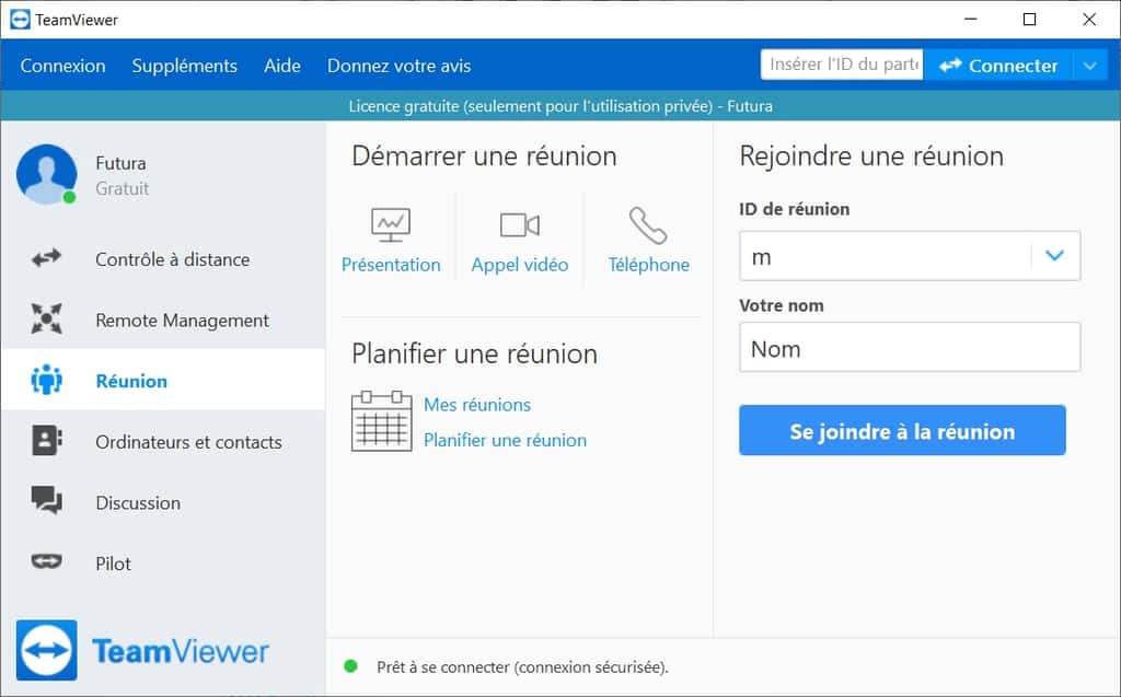 La page « Réunion » du logiciel propose des fonctions de communication en ligne. © TeamViewer GmbH