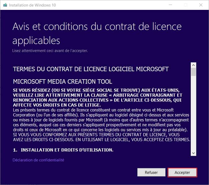 Choisissez l'option Accepter. © Microsoft