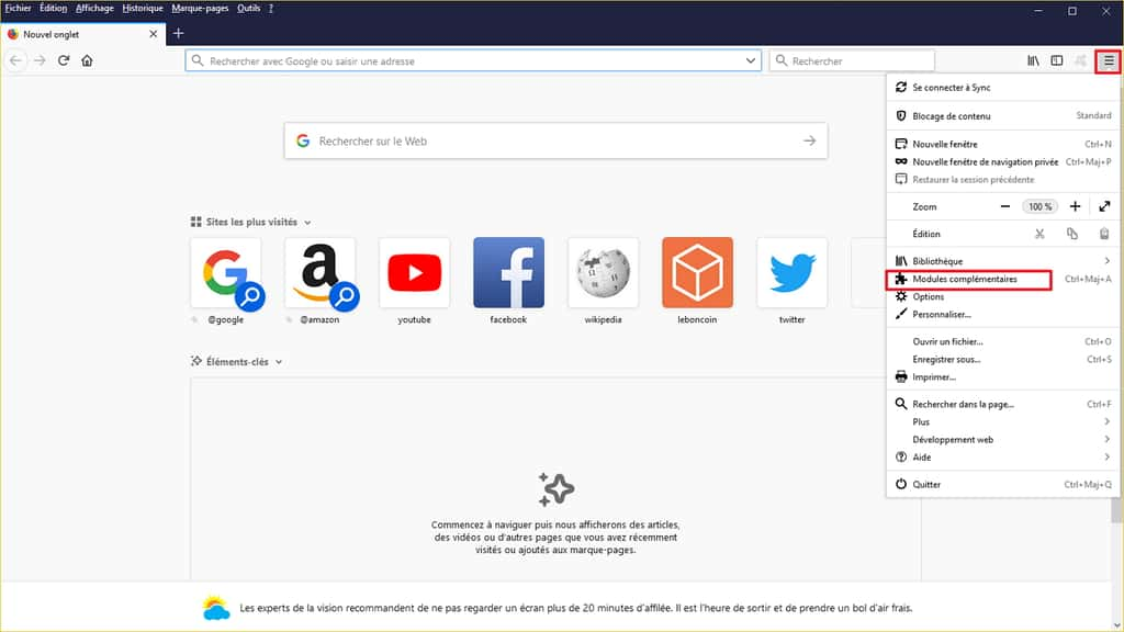 Cliquez sur « Modules complémentaires » pour pouvoir gérer vos extensions et plugins. © Mozilla Foundation