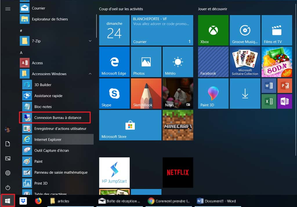 La « Connexion Bureau à distance » se trouve dans les « Accessoires Windows » du menu de démarrage. © Microsoft