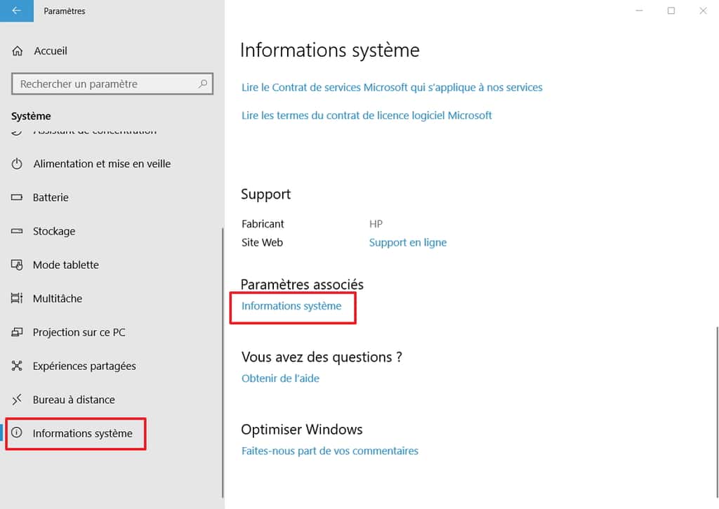 Il faut cliquer sur « Informations système » dans le menu de gauche, puis chercher les paramètres associés. © Microsoft