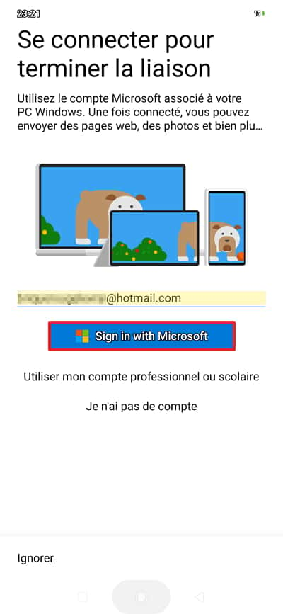 Renseignez votre identifiant Microsoft et appuyez sur « Sign in with Microsoft ». © Microsoft