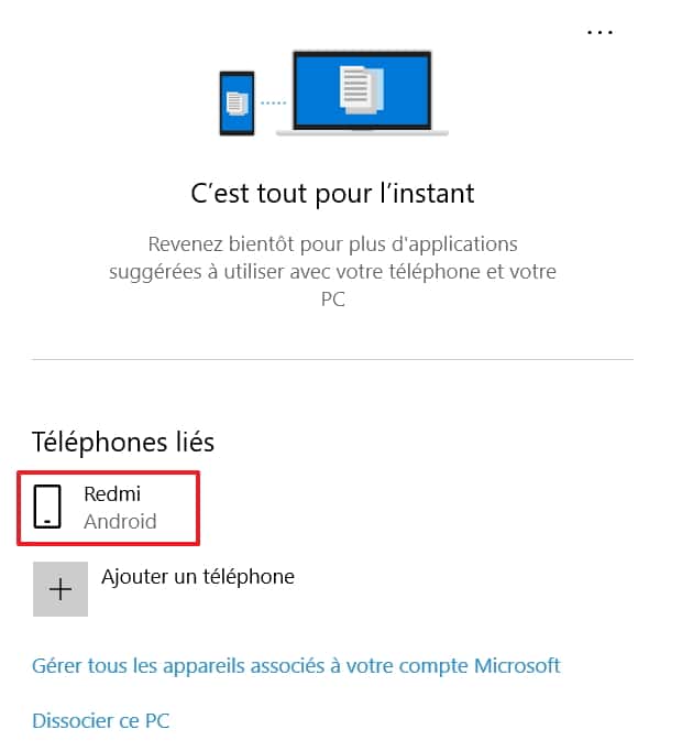 Le modèle de votre smartphone s’affiche sur la liste des téléphones liés dans les paramètres de Windows. © Microsoft