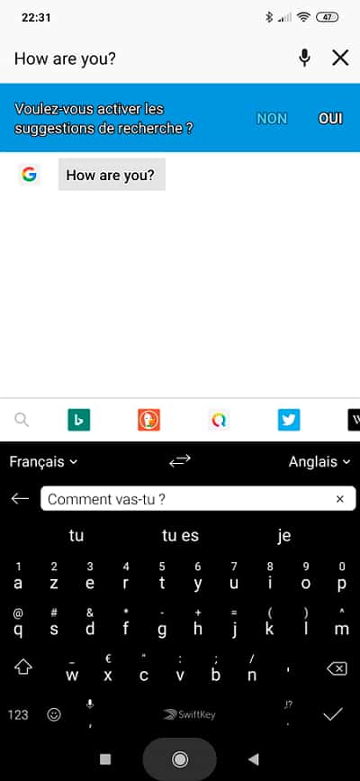Swiftkey se sert de Bing Translator pour traduire immédiatement votre texte dans la langue de votre choix. © Microsoft