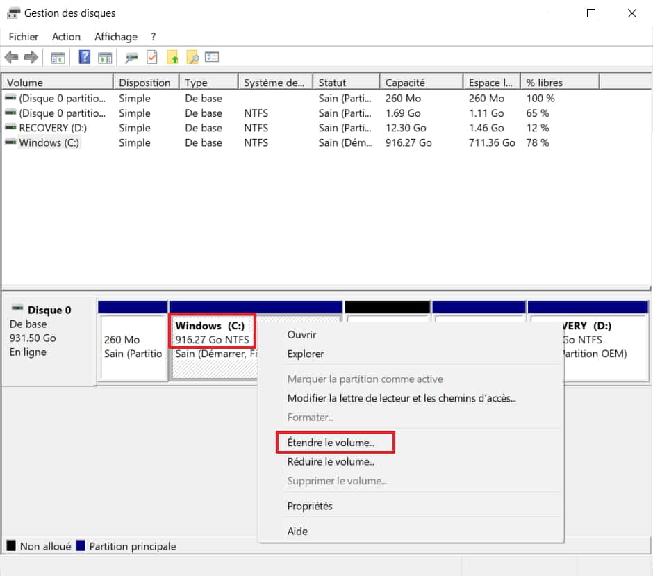 Faites un clic droit sur la partition dont vous souhaitez augmenter la taille, puis choisissez « Étendre le volume ». © Microsoft
