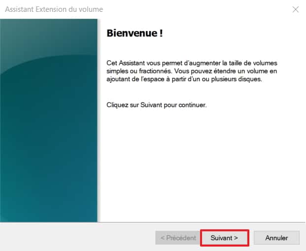 Cliquez sur « Suivant » après avoir lancé l’assistant « Extension du volume ». © Microsoft