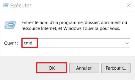 Exécutez « cmd » afin de démarrer l’invite de commandes. © Microsoft