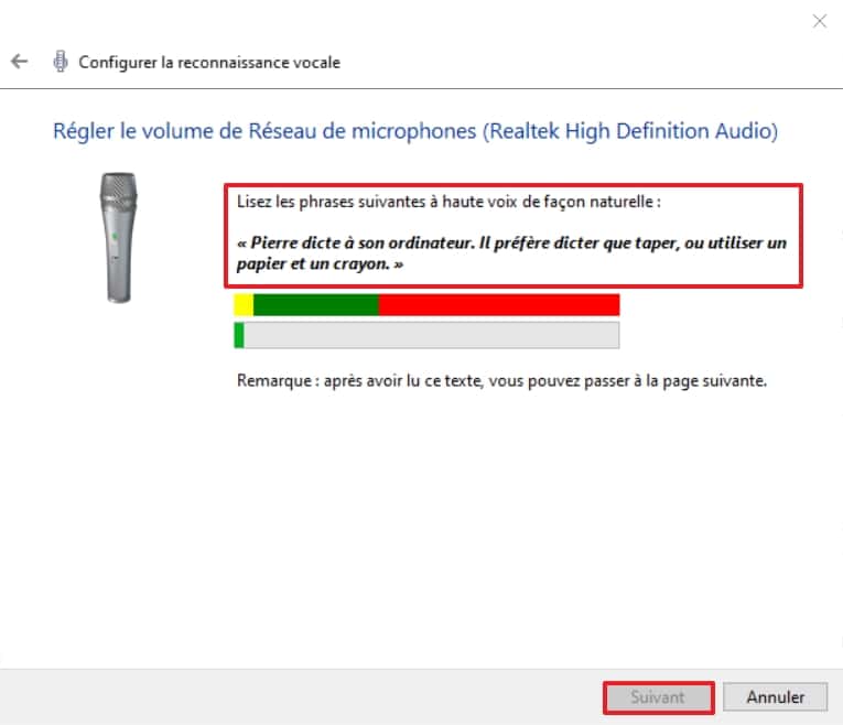 Lisez les phrases en gras afin de régler le volume de votre microphone. © Microsoft