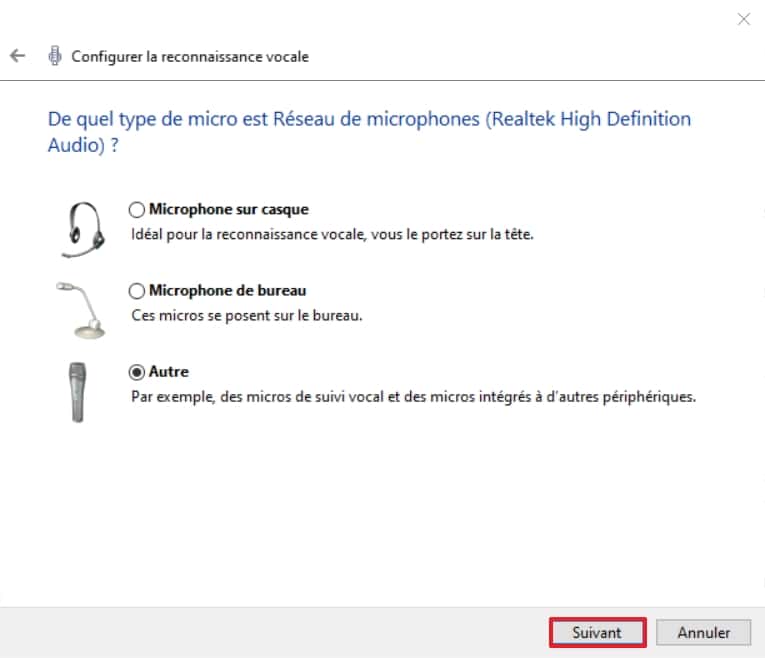 Cliquez sur « Suivant » après avoir sélectionné le type de microphone que vous utilisez. © Microsoft