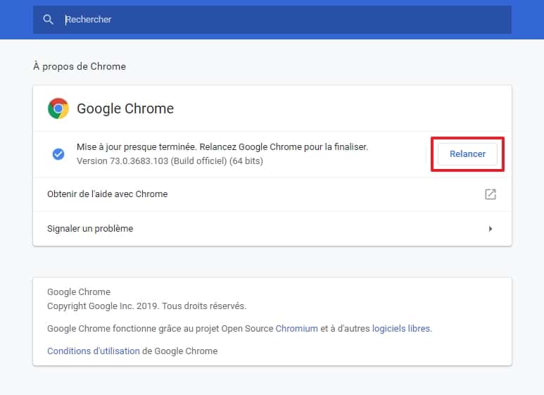 Cliquez sur « Relancer » pour installer la dernière version de Chrome. © Google Inc.