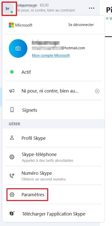 Allez dans les paramètres de Skype. © Microsoft