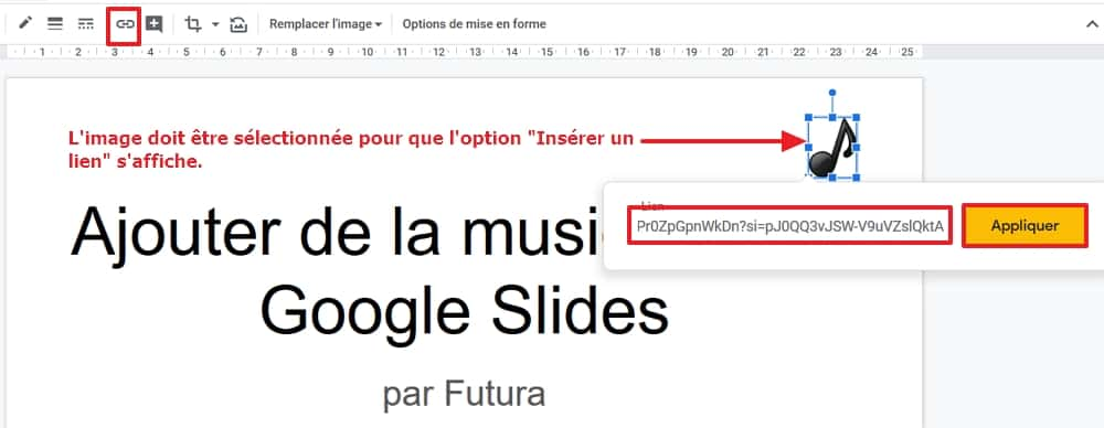 Collez le lien que vous avez copié dans votre presse-papier et cliquez sur « Appliquer ». © Google Inc.