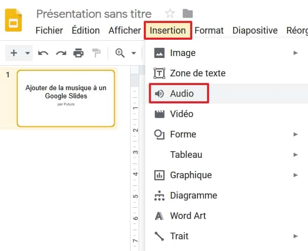 Cliquez sur « Insertion », puis sur « Audio ». © Google Inc.