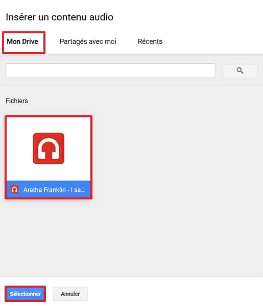 Cliquez sur le morceau que vous désirez incorporer, puis sur « Sélectionner ». © Google Inc.