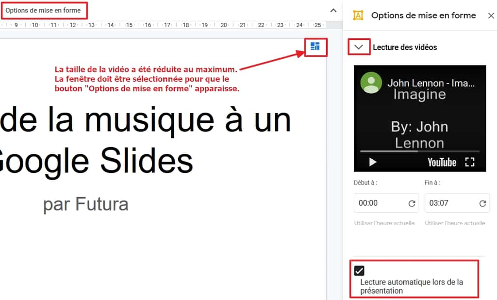 Réduisez la taille de la fenêtre du clip vidéo, activez la lecture automatique lors de la présentation et définissez un passage particulier du morceau si vous le souhaitez. © Google Inc.