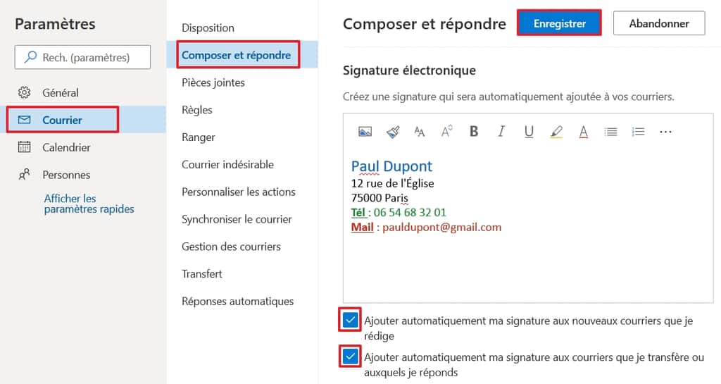 Créez votre signature et cochez les cases pour qu’elle soit ajoutée automatiquement. © Microsoft