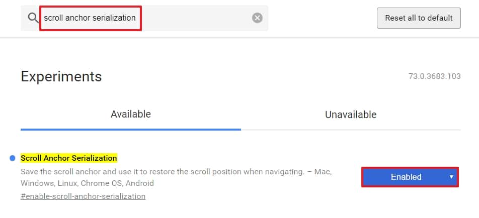 Le flag « Scroll Anchor Serialization » vous permet de ne pas subir l’apparition de nouveaux éléments qui peuvent perturber votre lecture. © Google Inc.