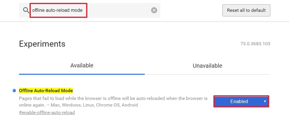Le flag « Offline Auto-Reload Mode » vous évite de devoir rafraîchir toutes les pages web ouvertes en cas de déconnexion Internet. © Google Inc.