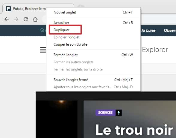 Servez-vous de l’option « Dupliquer » pour copier et ouvrir rapidement une page Web. © Google Inc.