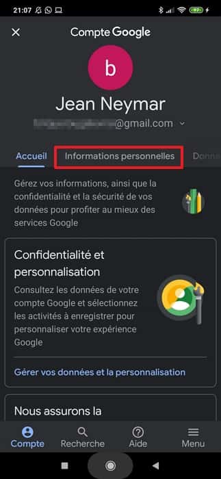 Appuyez sur « Informations personnelles ». © Google Inc.