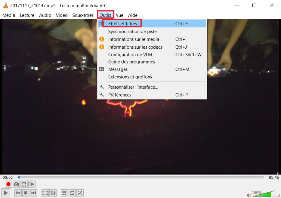 Allez dans le menu « Outils », puis sélectionnez « Effets et filtres ». © VideoLAN Foundation