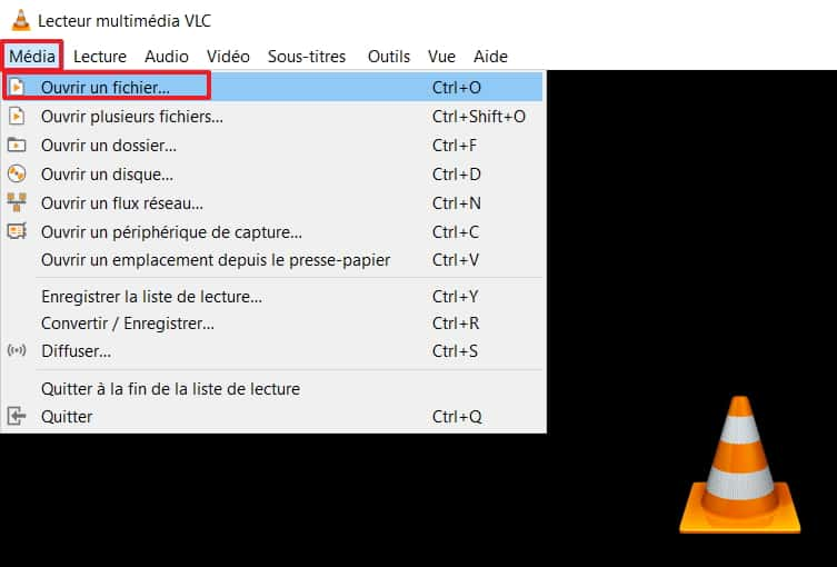 Cliquez sur « Ouvrir un fichier » qui se trouve dans le menu contextuel de « Média ». © VideoLAN Foundation