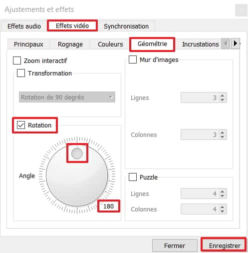 Cochez la case « Rotation », puis faites tourner la molette virtuelle de manière à réajuster l’orientation de la vidéo comme vous le souhaitez. © VideoLAN Foundation