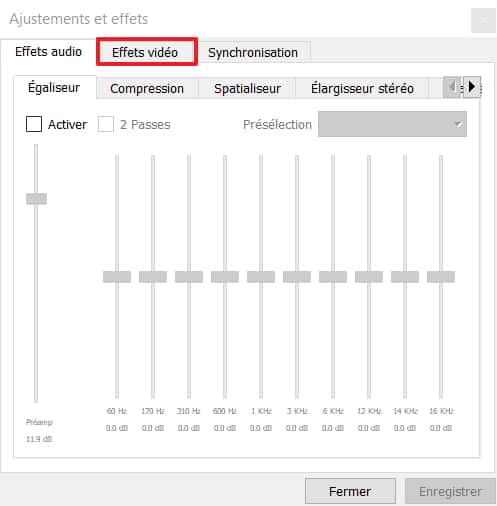 Dans la fenêtre « Ajustements d’effets », cliquez sur l’onglet « Effets vidéo ». © VideoLAN Foundation