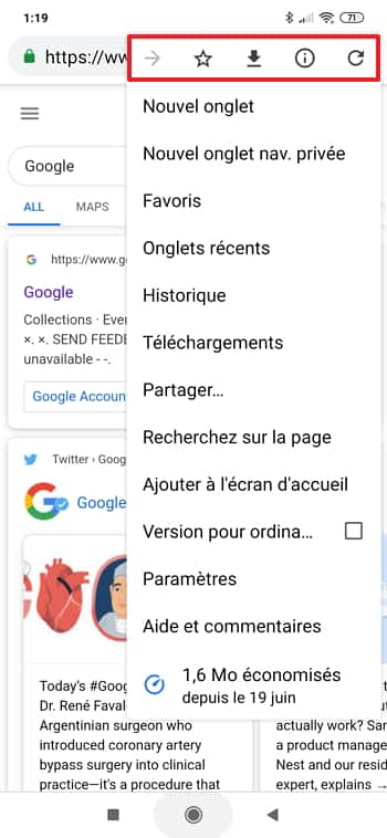 La barre de menu est initialement placée en haut de l’écran. © Google