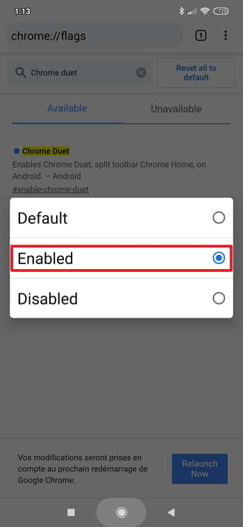 Appuyez sur « Enabled » afin de modifier l’emplacement de la barre de menu de Chrome. © Google