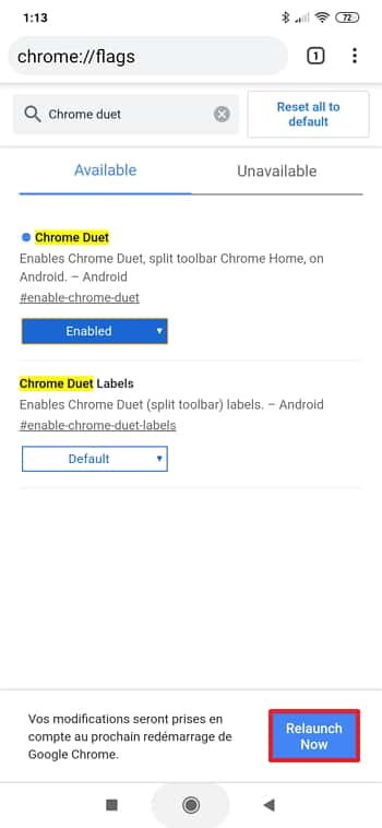 Appuyez sur le bouton « Relaunch now » pour relancer Chrome. © Google
