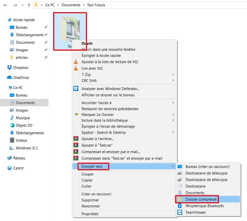 Après avoir fait un clic droit, choisissez « Envoyer vers », puis « Dossier compressé ». © Microsoft