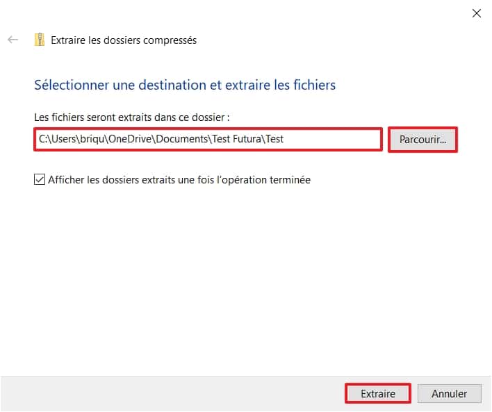 Vous pouvez extraire les fichiers contenus dans le ZIP dans le même dossier que celui-ci ou dans un dossier de votre choix. © Microsoft
