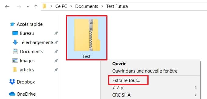Effectuez un clic droit et choisissez « Extraire tout ». © Microsoft