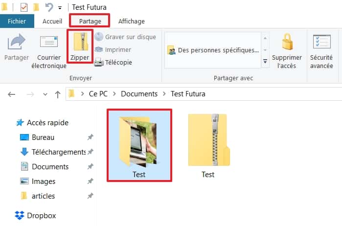 Allez dans l’onglet « Partage » et cliquez sur le bouton « Zipper » après avoir sélectionné votre ou vos fichiers. © Microsoft