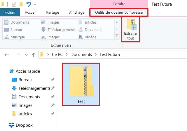 Rendez-vous dans l’onglet « Outils de dossier compressé », puis cliquez sur « Extraire tout ». © Microsoft