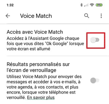 Déplacez le curseur à gauche afin de stopper l’accès à Voice Match. © Google Inc.
