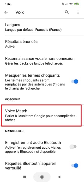 Appuyez sur « Voice Match ». © Google Inc.