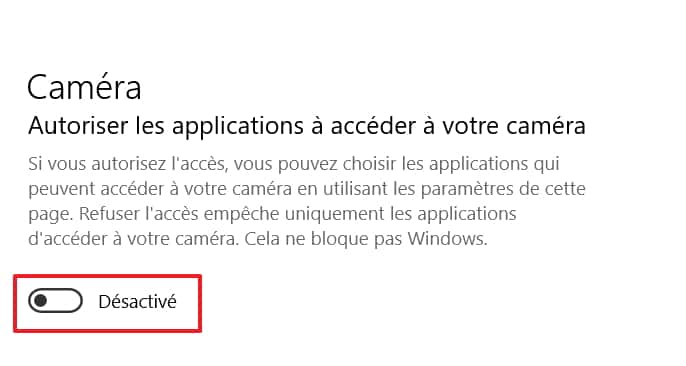 Vous pouvez désactiver l’accès de toutes les applications à la caméra. © Microsoft