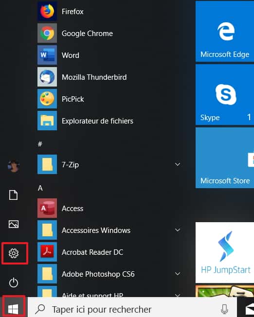 Dans le menu « Démarrer » de Windows, cliquez sur l’icône des paramètres système. © Microsoft