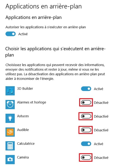 Procédez à la sélection des applications qui ne doivent plus s’exécuter en arrière-plan. © Microsoft
